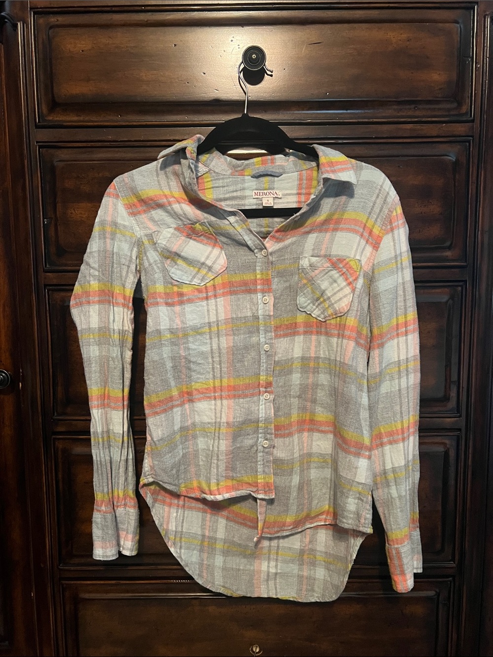 Merona Plaid Button-Down Shirt in Gray with Pink & Yellow Stripes